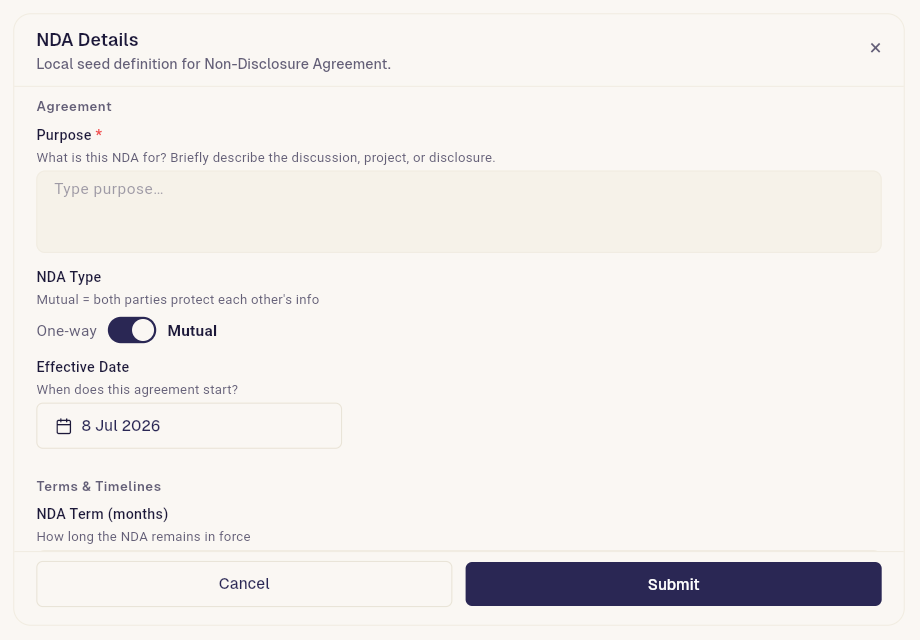 Dharaa contract details form widget rendered inside an AI chat