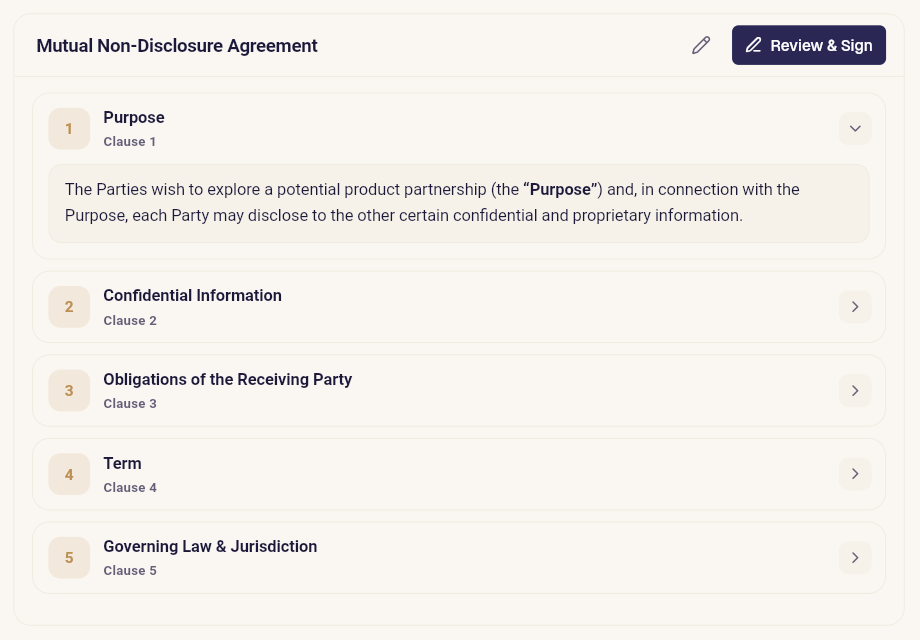 Drafted NDA rendered clause-by-clause inside an AI chat