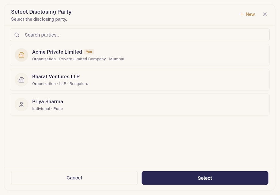 Dharaa party picker widget rendered inside an AI chat