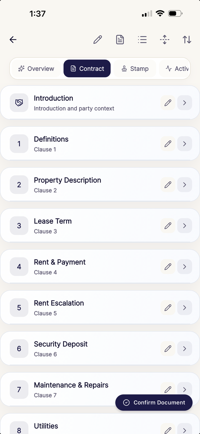 Dharaa agreement editor showing a clause-by-clause view of a rental agreement