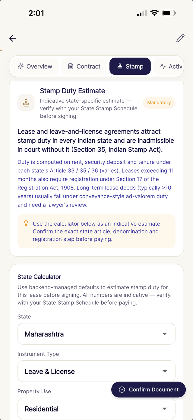 Dharaa Stamp tab showing a stamp duty estimate and state calculator